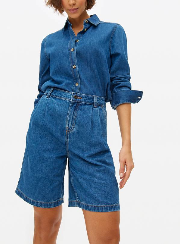 Dark Denim Pleated Bermuda Shorts 8